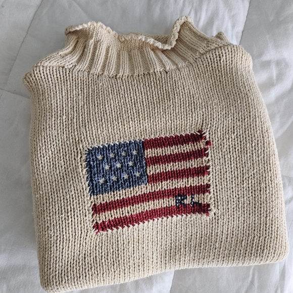 Vintage Polo Sport 90s Ralph Lauren Cream Sweater with American Flag, Size M - Picture 3 of 4